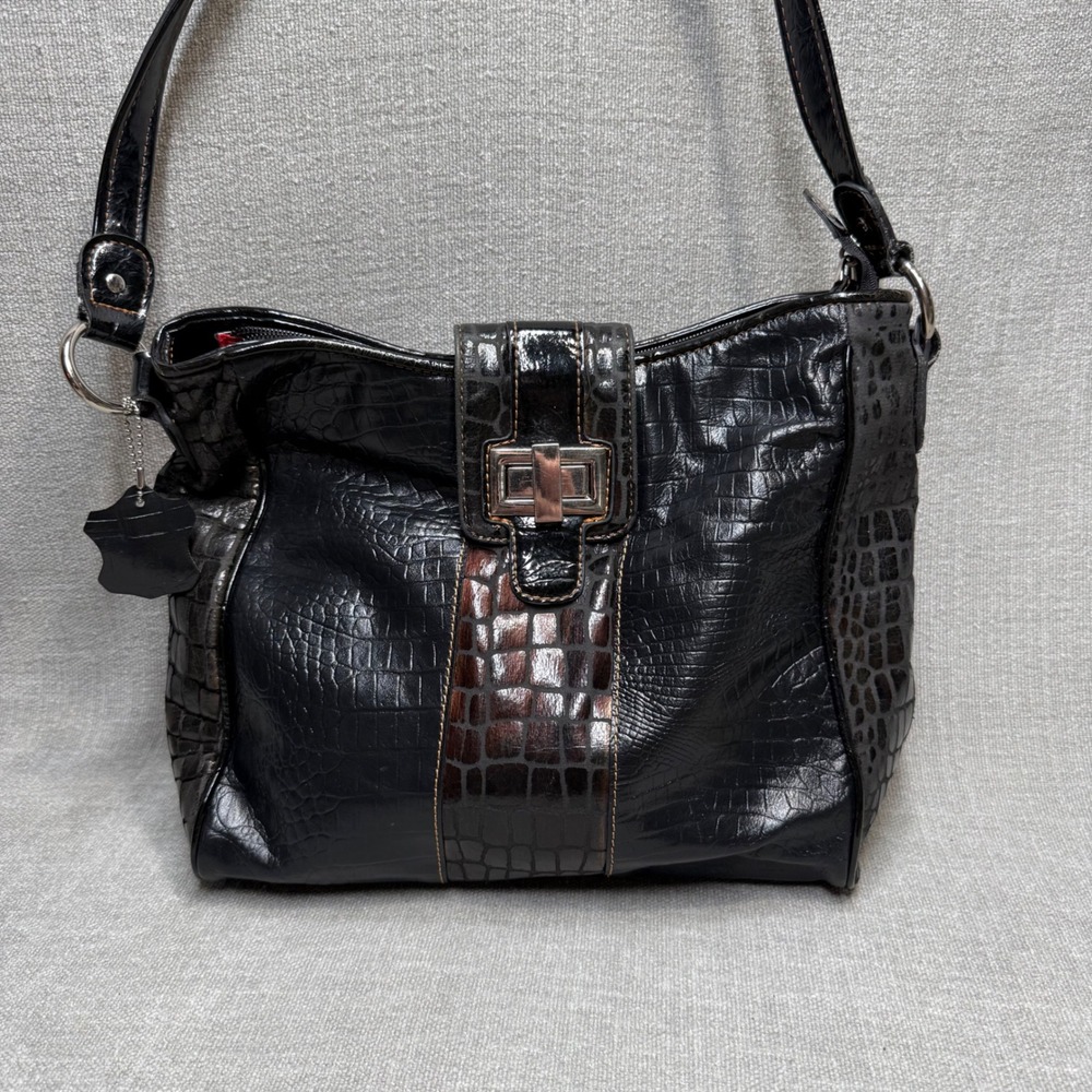 M.C. Black Faux‎ Crocodile Leather Shoulder Bag Purse Medium Y2K Vintage Style